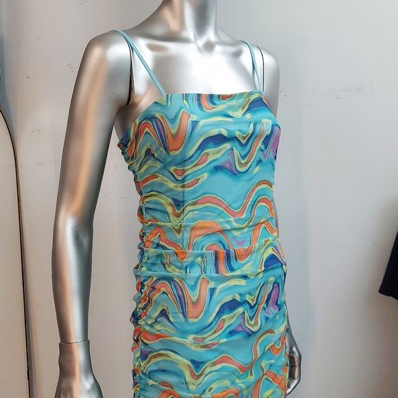 Wild Fable Wave Print Ruched Mesh Bodycon Dress - Picture 1 of 15